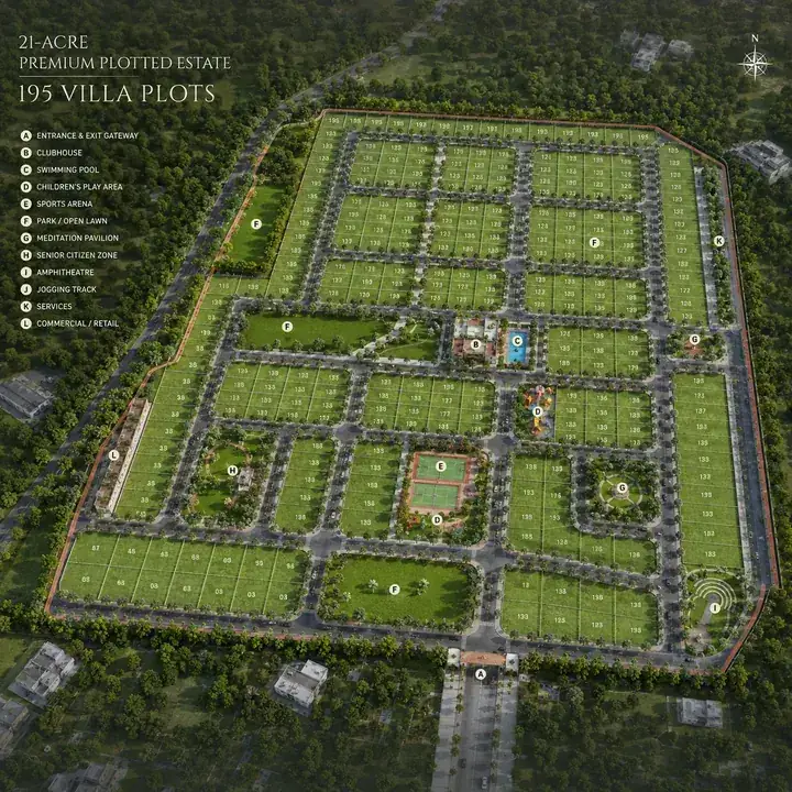 Prestige Gardenia Estate Phase 2 aerial view of the 21-acre, 195-plot gated development in Devanahalli
