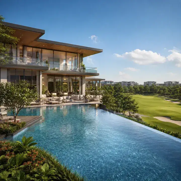 Prestige Gardenia Estate Phase 2 clubhouse with infinity-edge pool overlooking the central green