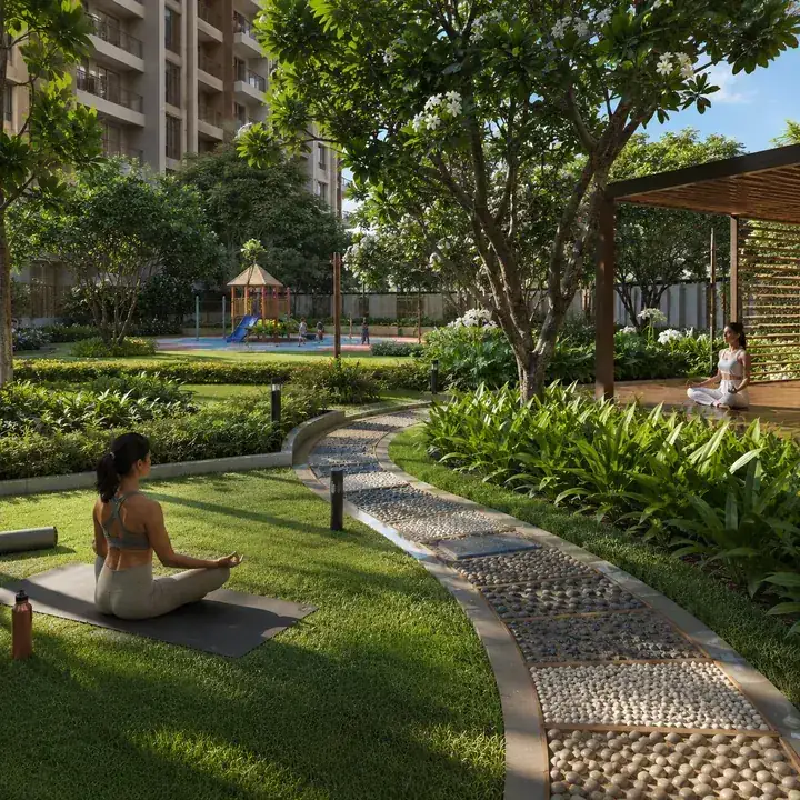 Prestige Gardenia Estate Phase 2 wellness landscape with yoga lawn, reflexology path and meditation deck