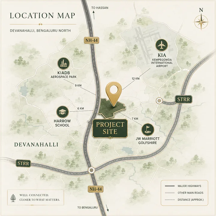 Prestige Gardenia Estate Phase 2 location map showing Devanahalli, the STRR, NH-44, KIADB Aerospace Park and Kempegowda International Airport